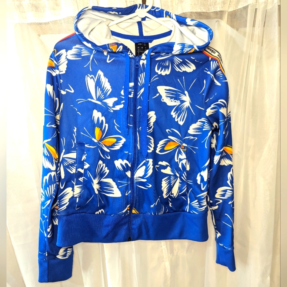 Adidas Ladies Small Zip Hoodie Blue Butterfly Athletic Sweater